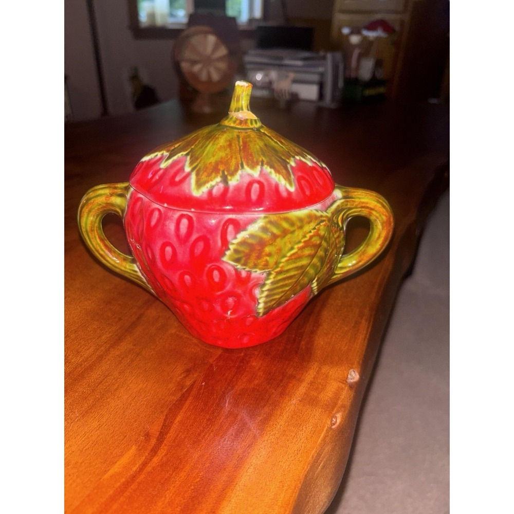 Vintage Handpainted Ceramic Strawberry Jar & Lid Double Handle Red Green 6"